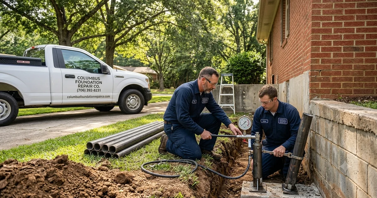 Basement waterproofing crew installing interior drain tile system in Columbus Georgia home