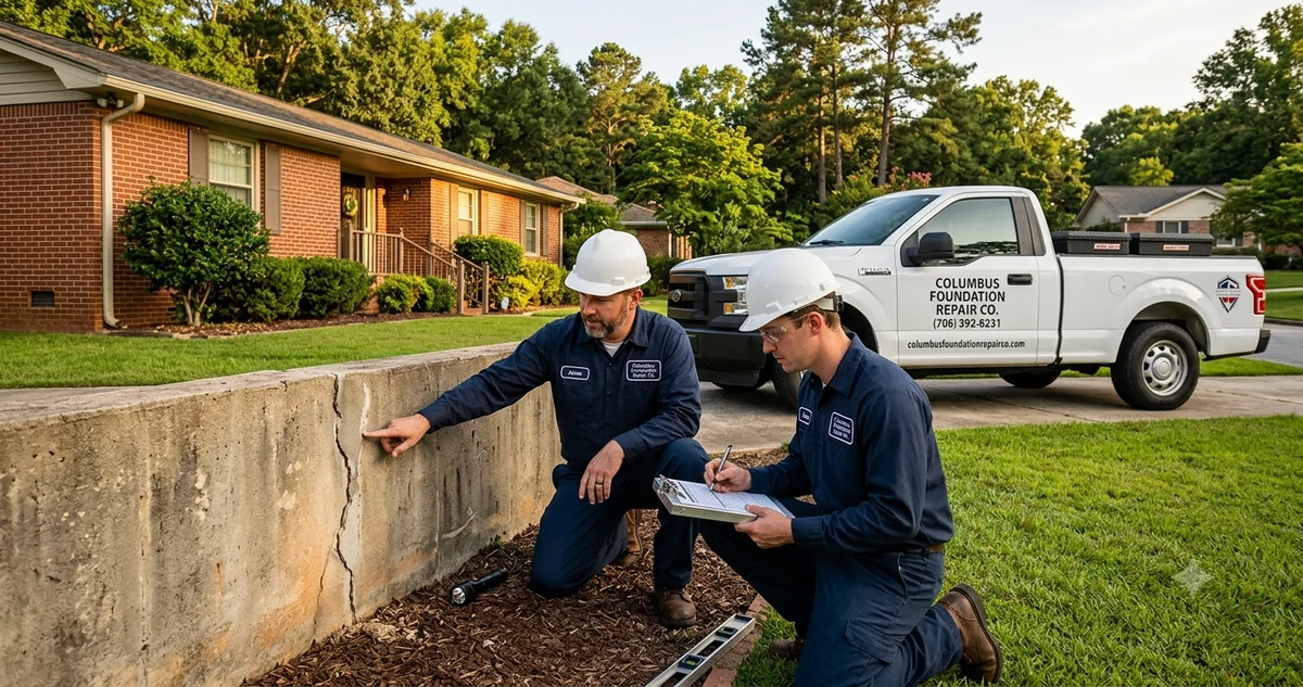 Foundation technician installing carbon fiber reinforcement straps on bowed basement wall in Columbus Georgia