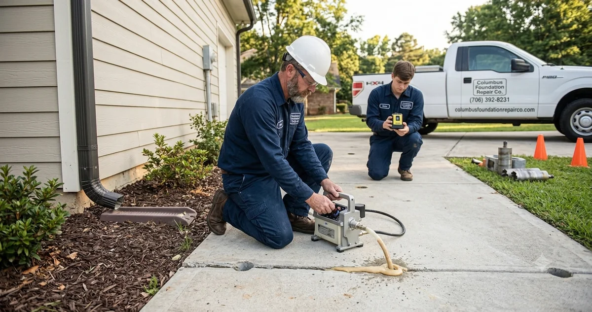 Foundation repair crew inspecting cracked foundation wall in Columbus Georgia home