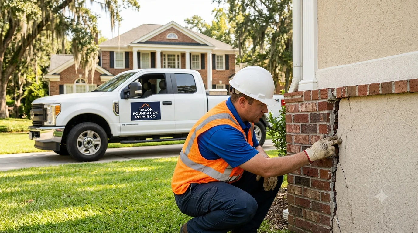 Foundation repair crew inspecting cracked foundation wall in Columbus Georgia home
