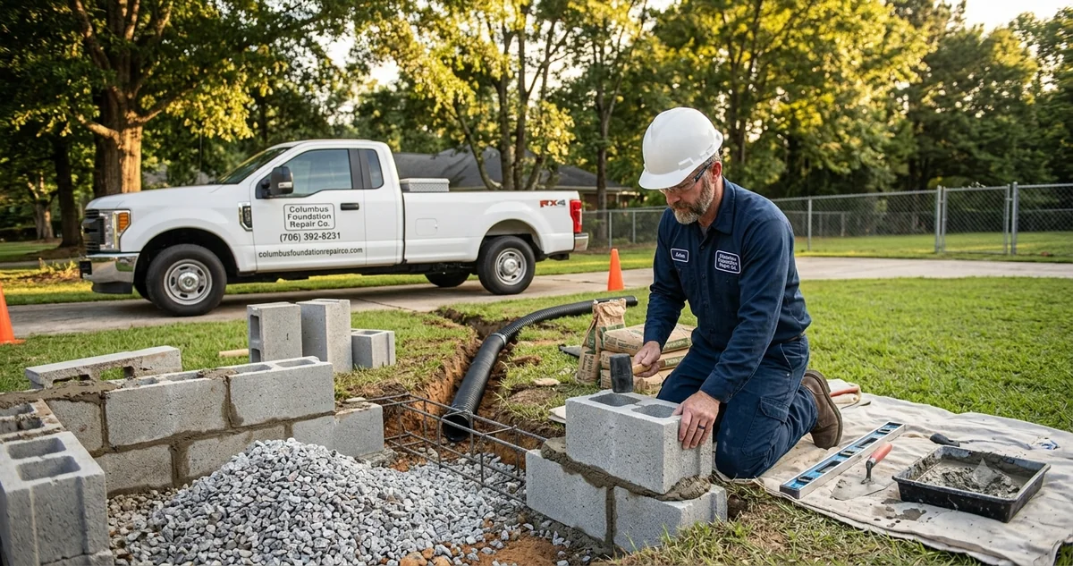 Crawl space repair crew installing vapor barrier encapsulation in Columbus Georgia home