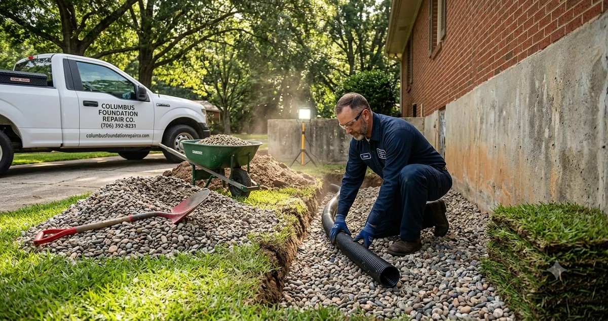 Drainage specialist installing French drain system around residential foundation in Columbus Georgia