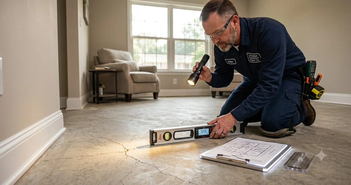 Foundation repair technician injecting epoxy crack repair into concrete foundation wall in Columbus Georgia
